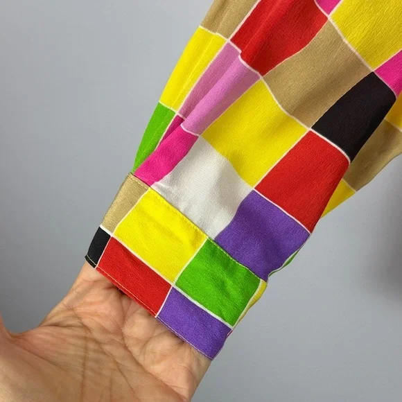 Suitsme Vibrant Retro Style Relaxed Fit Silk Multicolor Checkered Small Blouse - Picture 5 of 11
